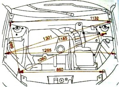 Схема капота приора. Геометрия моторного отсека ВАЗ 2110 седан. Параметры моторного отсека ВАЗ 2110.